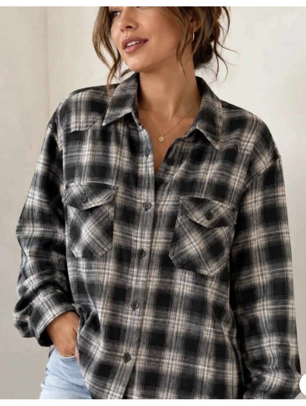 Wild Fable NWT Women's Black White Oversized Flannel Button Up Shirt Size L